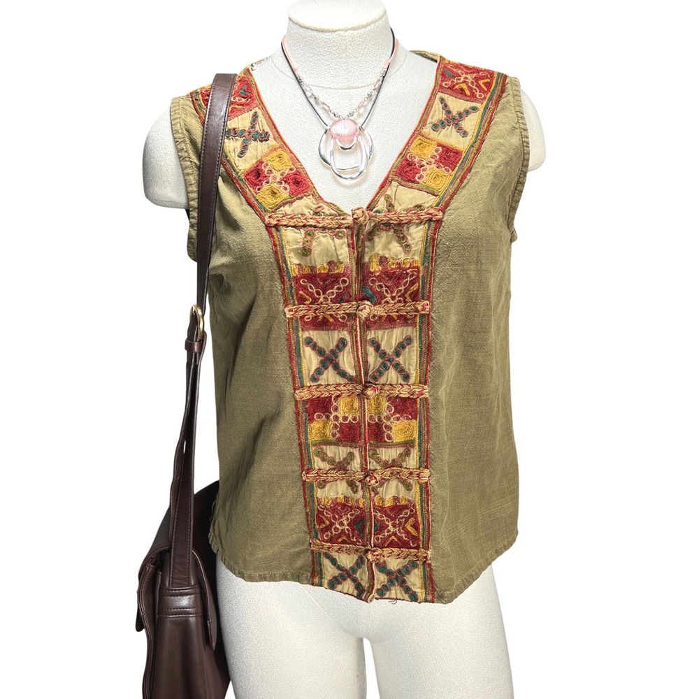 The Territory Ahead Embroidered Cotton Vest Womens Small‎  Boho Tie Front Hippie